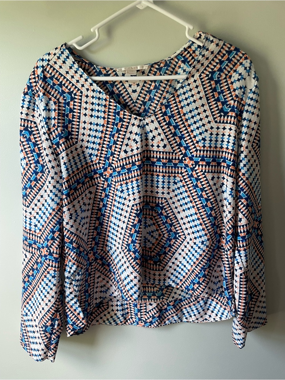 C&E Geometric Print Long Sleeve Blouse - Blue & Cream